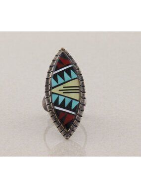 Sterling Silver D&V Eriacho Zuni Ring Turquoise Coral Onyx Mother of Pearl Sz 6